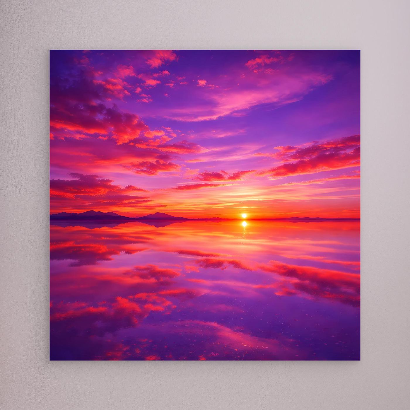 Leinwandbild Sonnenuntergang mit violetten und roten Wolken, Sonne am Horizont, geräucherter Farbverlauf