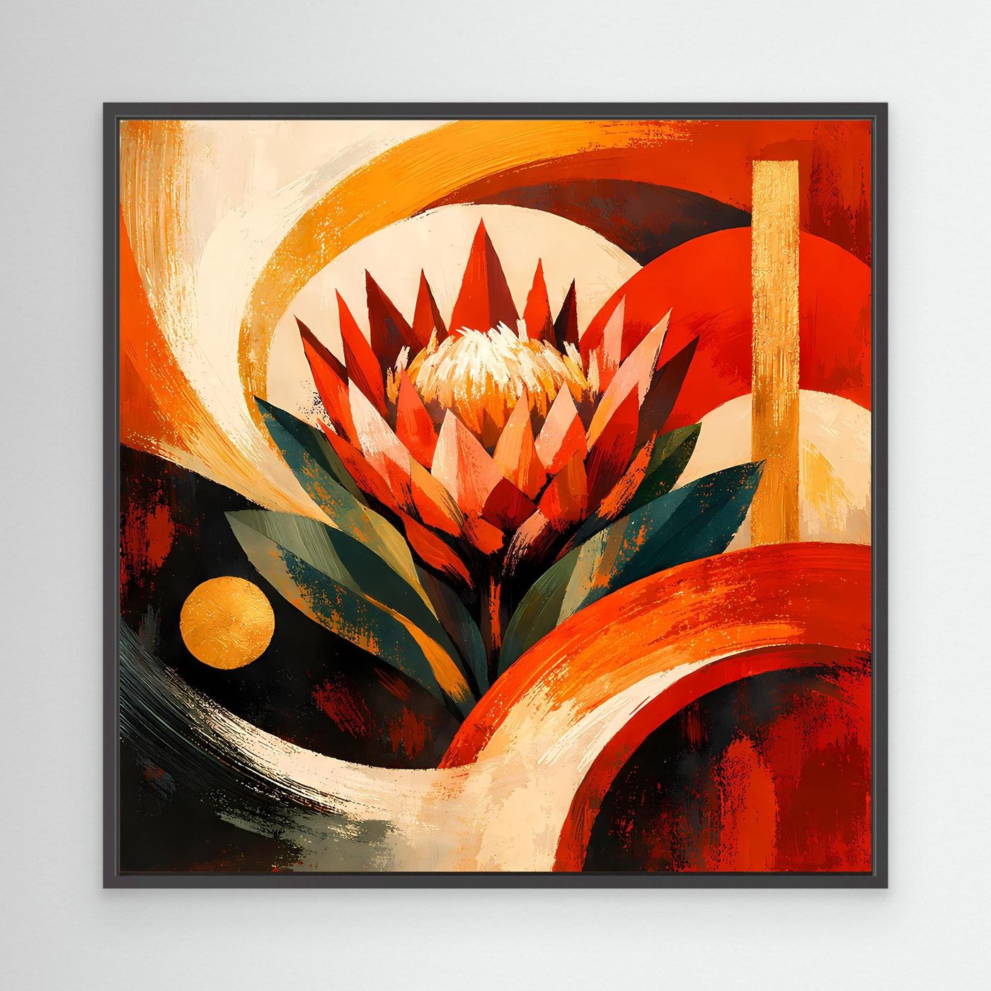 Leinwandbild mit abstrakter Protea im schwarzen Rahmen, Rot, Orange, Gold