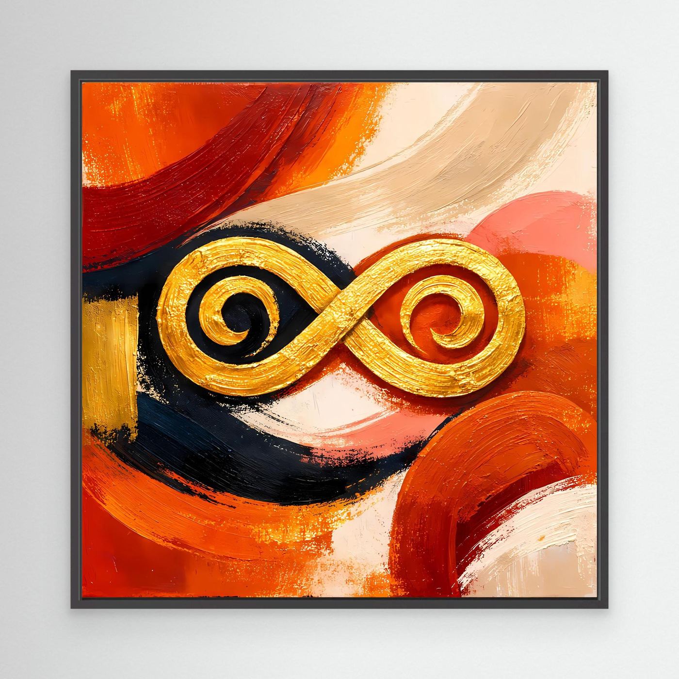 Abstraktes Leinwandbild mit goldener Unendlichkeits-Symbolik im schwarzen Rahmen, orange-rot