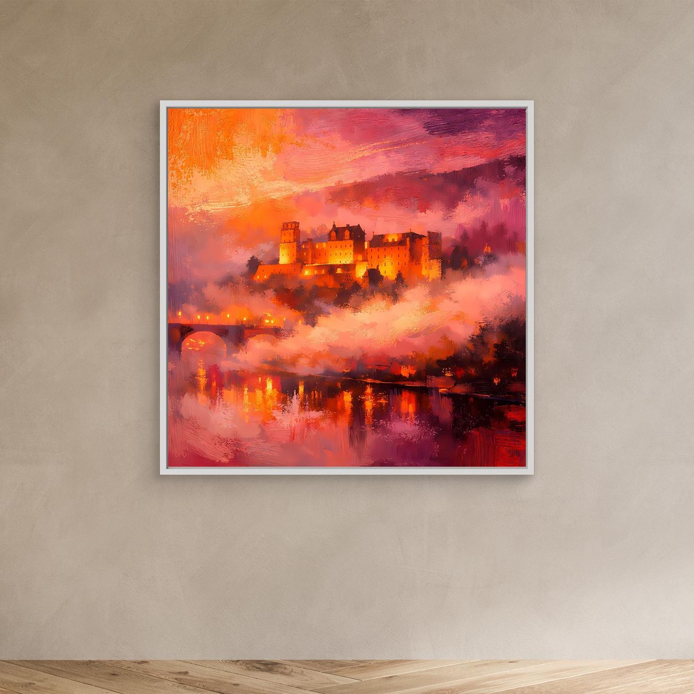 Premium Leinwand Imposantes Schloss im Abendrot | Abstraktes Castle Wandbild in feurigen Farben