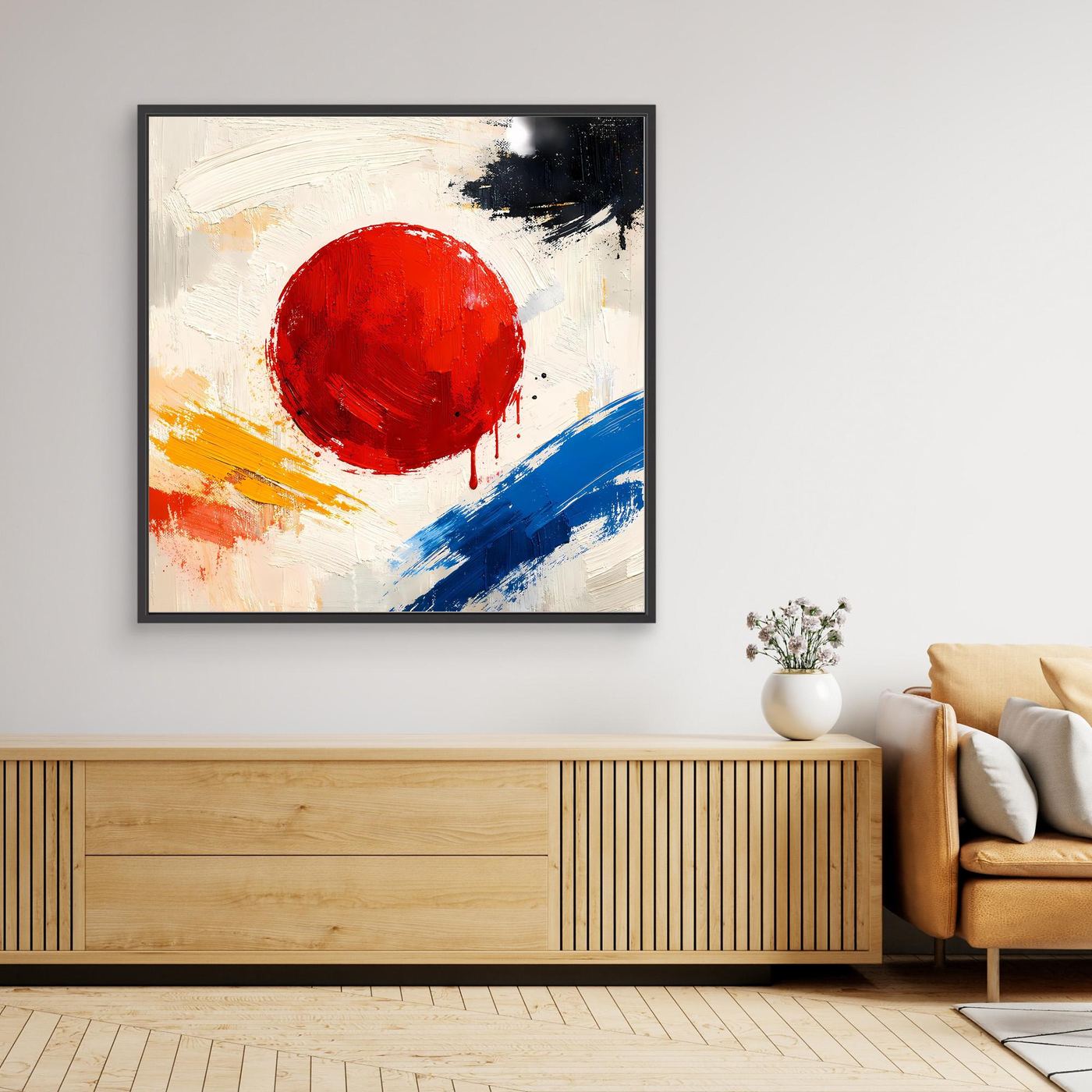 Framed abstract red sun wall art with sweeping blue and yellow paint strokes