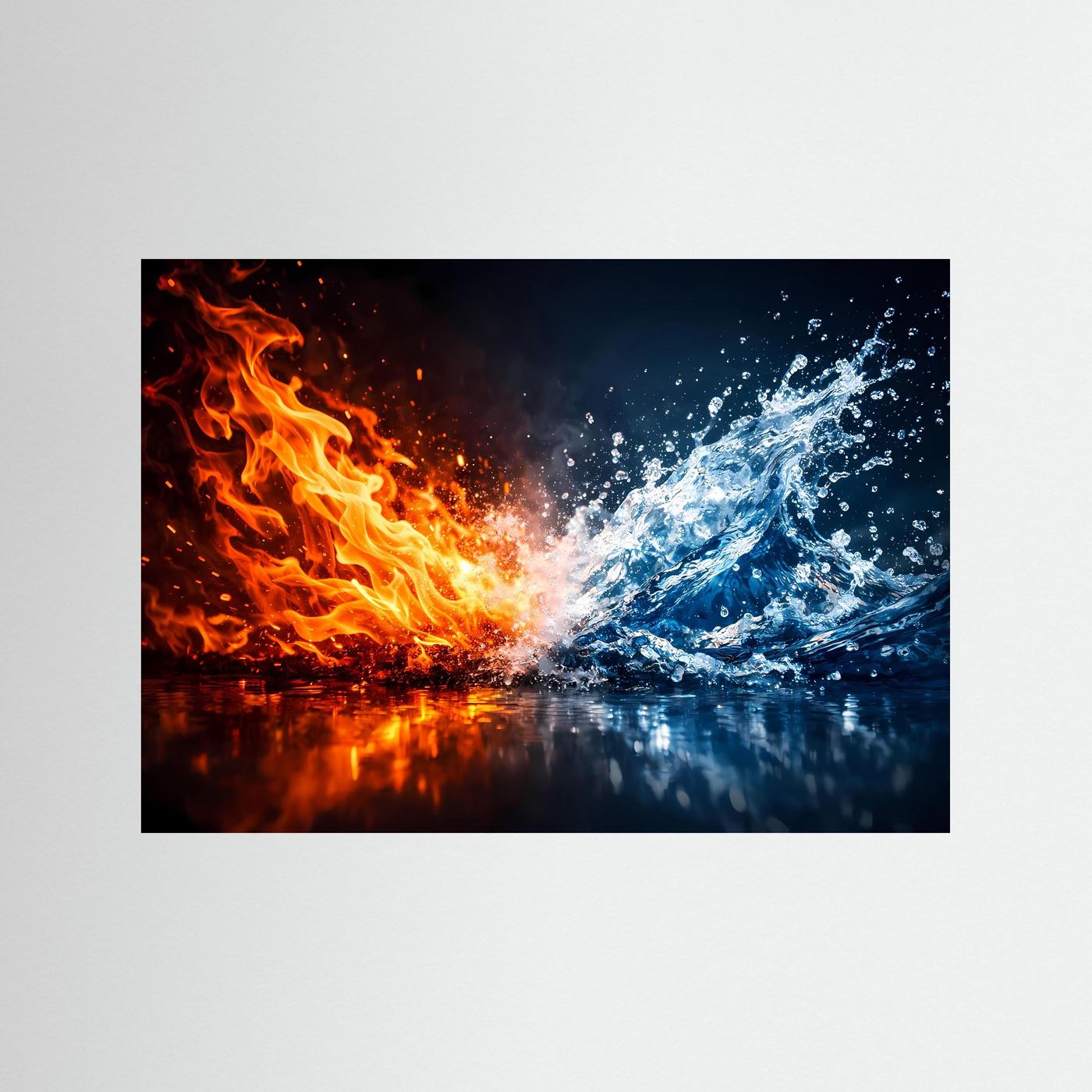 Gerahmtes Querformat-Poster mit Feuer und Wasser, kontrastreiche Flammen und Spritzer