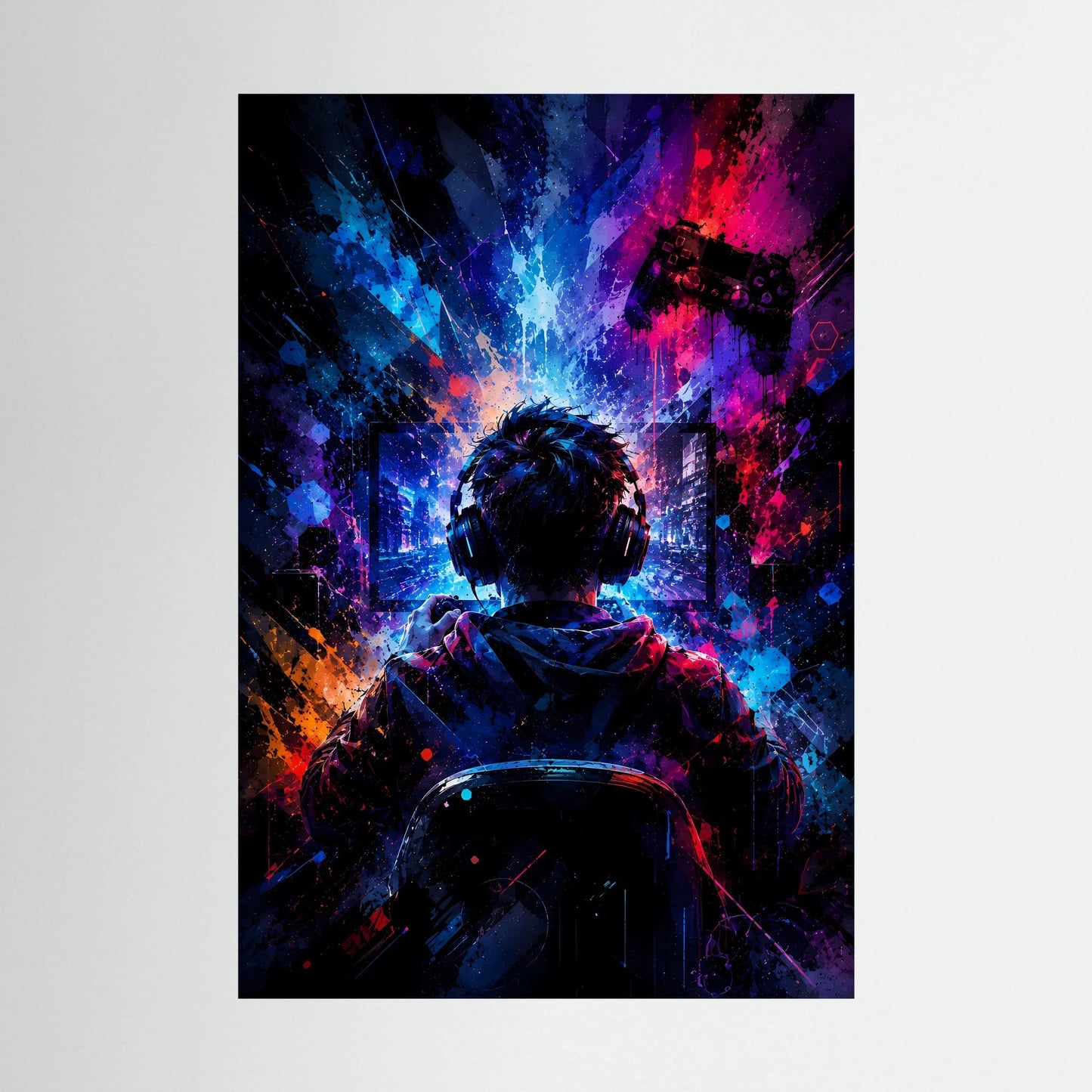 Neon-Gaming-Poster mit Gamer im Headset und Controller, Portraitausschnitt