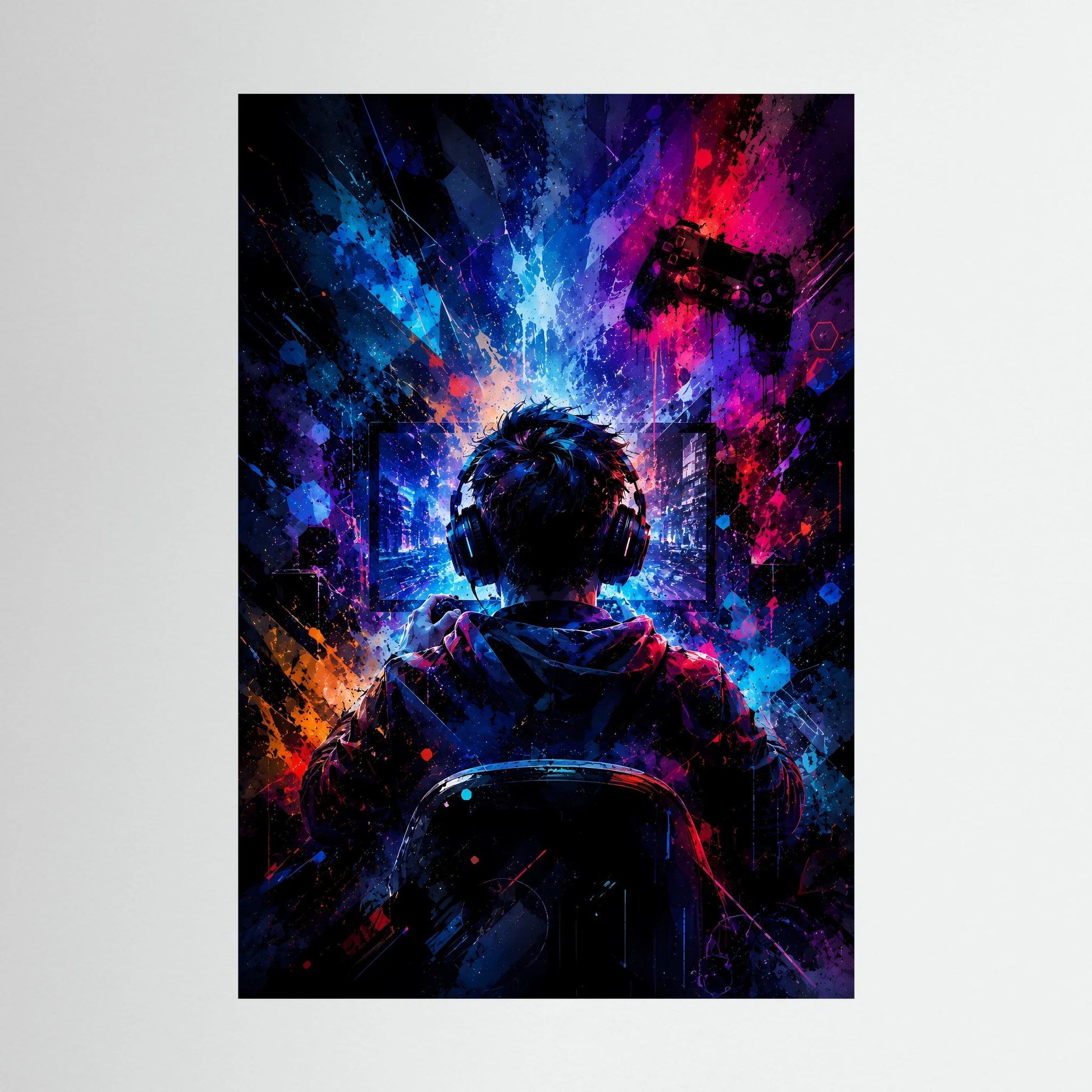 Neon-Gaming-Poster mit Gamer im Headset und Controller, Portraitausschnitt
