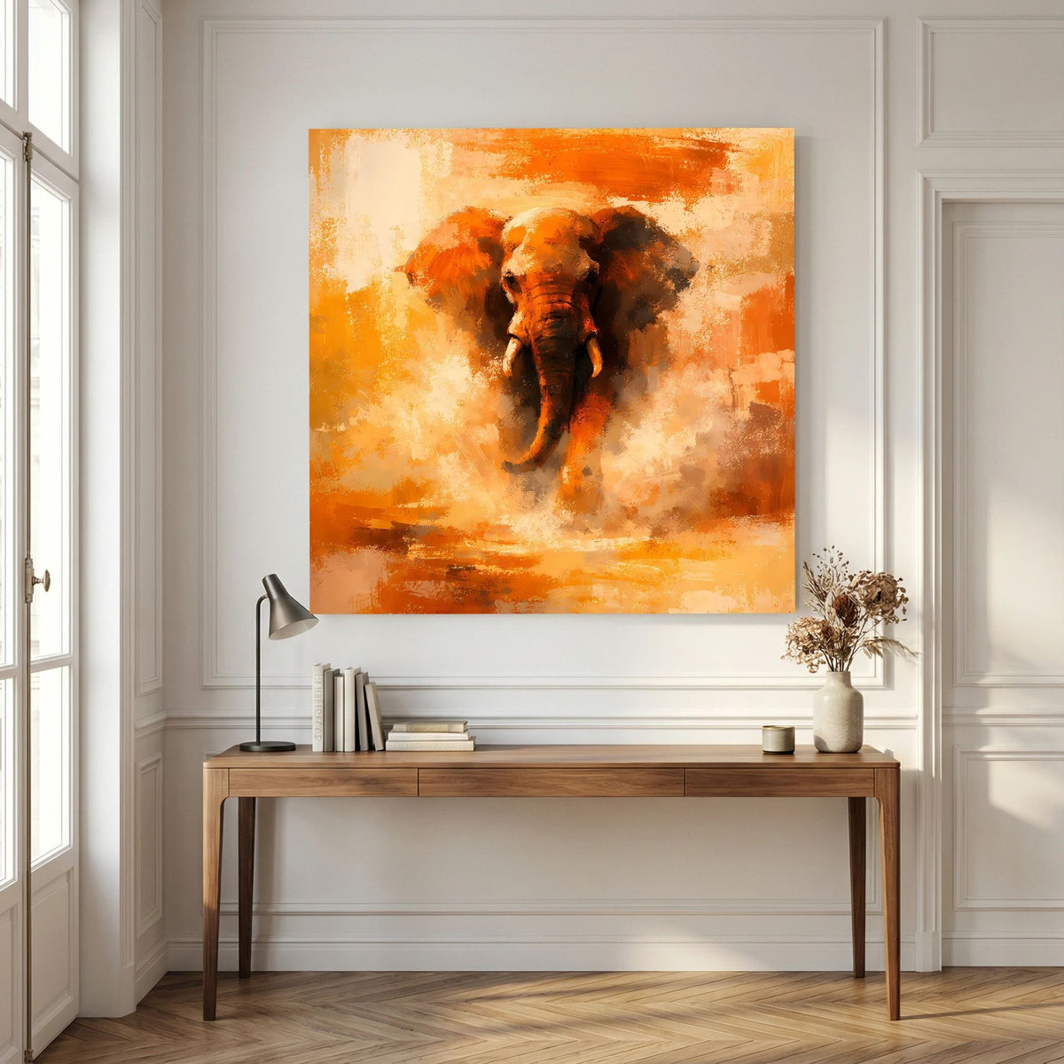 Leinwand Abstraktes Elefanten Gemälde | Modernes Kraftvolles Tier Wandbild Orange Ocker