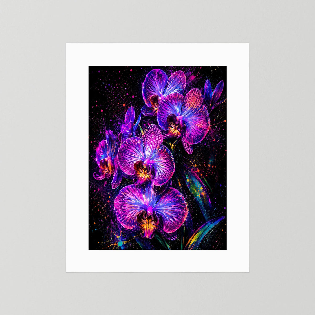 Hochformatiges Blumenposter mit leuchtenden Orchideenblüten in Neon-Pink und Violett, ohne Rahmen