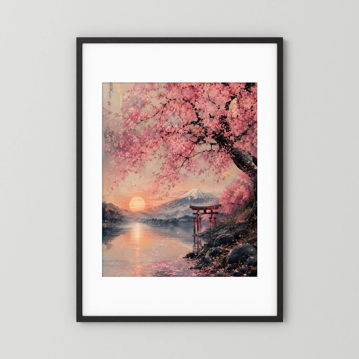 Kirschblüten-Poster mit Fuji und Torii am See, im schwarzen Rahmen mit weißem Rand