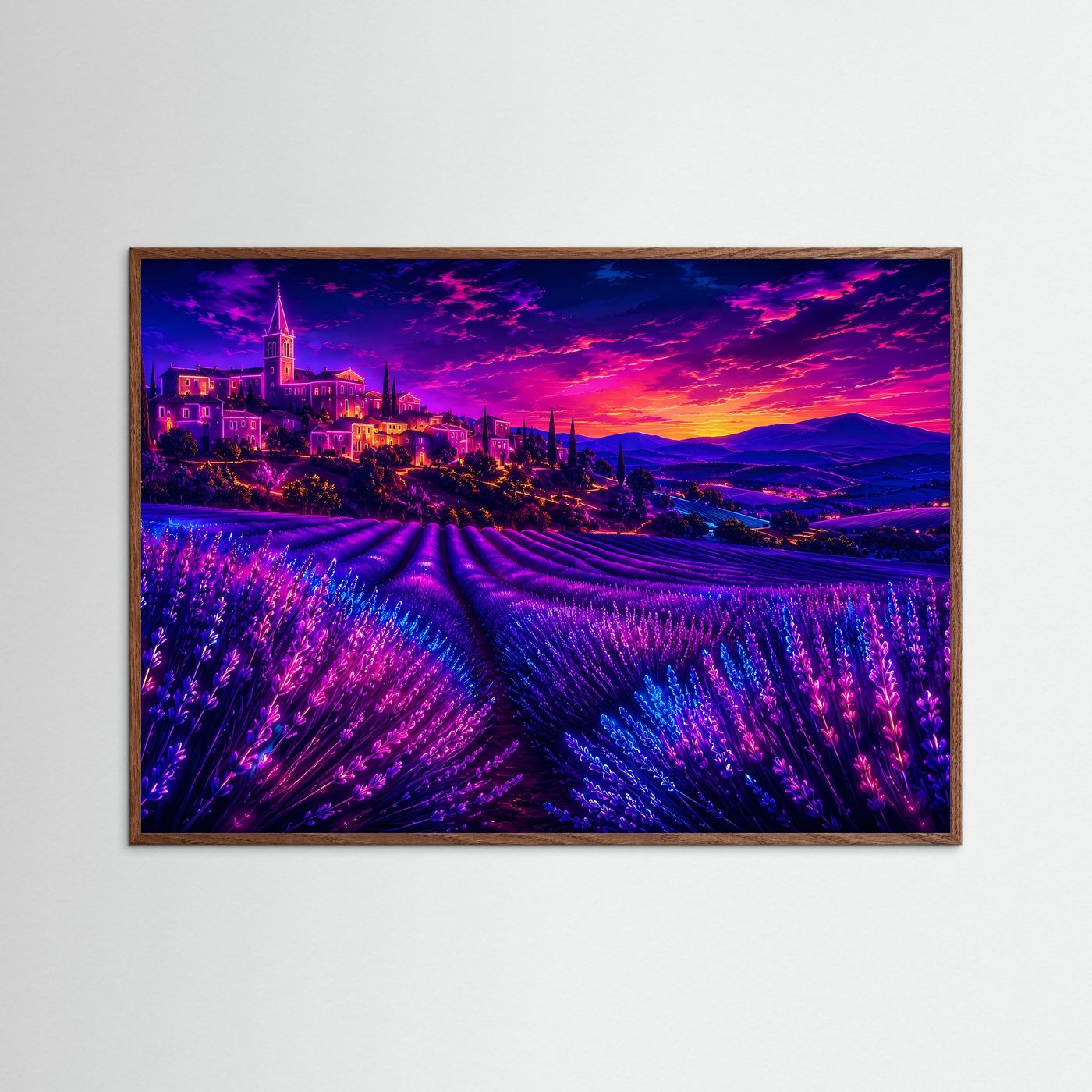 Lavendelfeld im Neon-Sonnenuntergang | Provence Landschaft in Lila & Pink