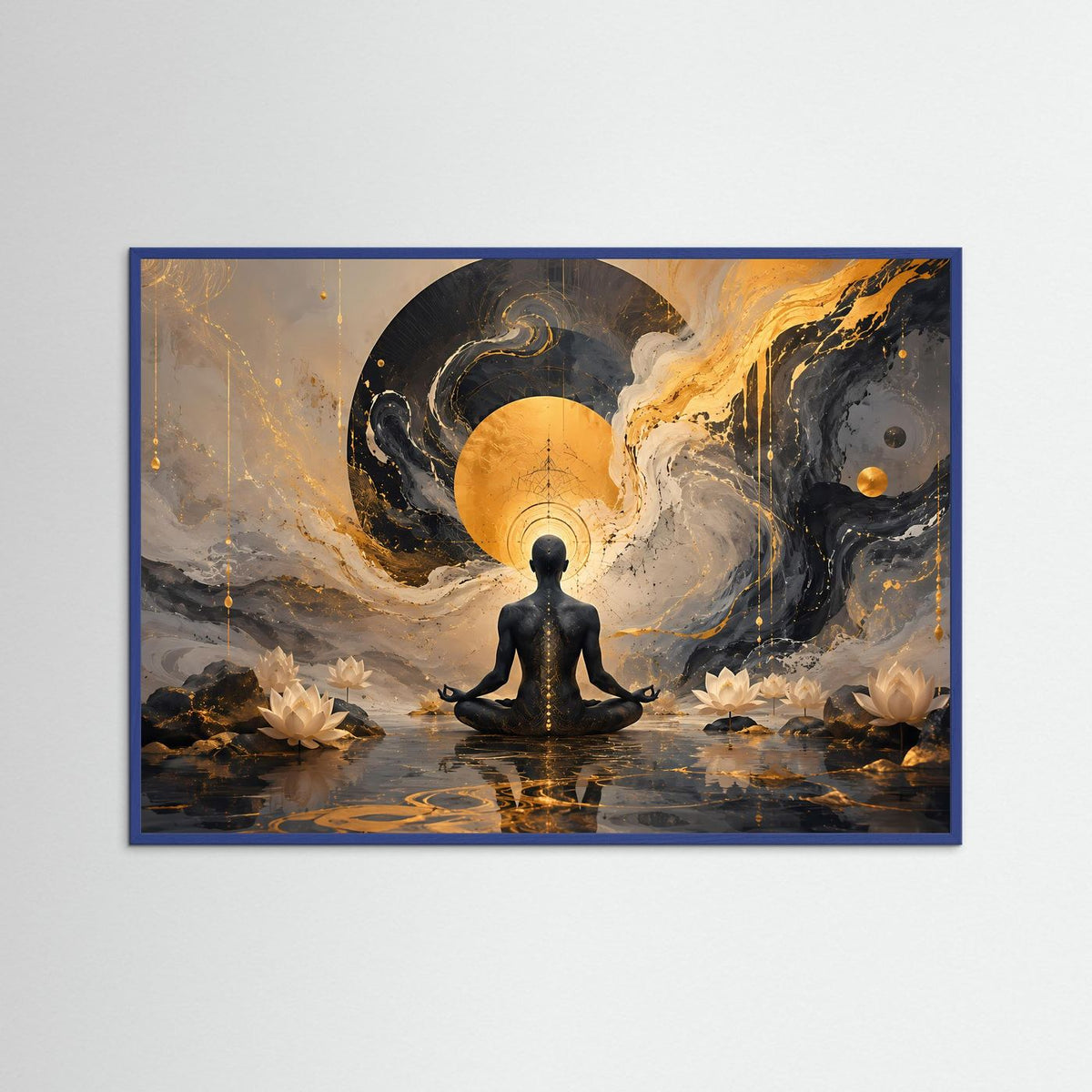 Gerahmtes Meditationsposter mit blauem Rahmen: sitzende Person vor goldenem Glanz