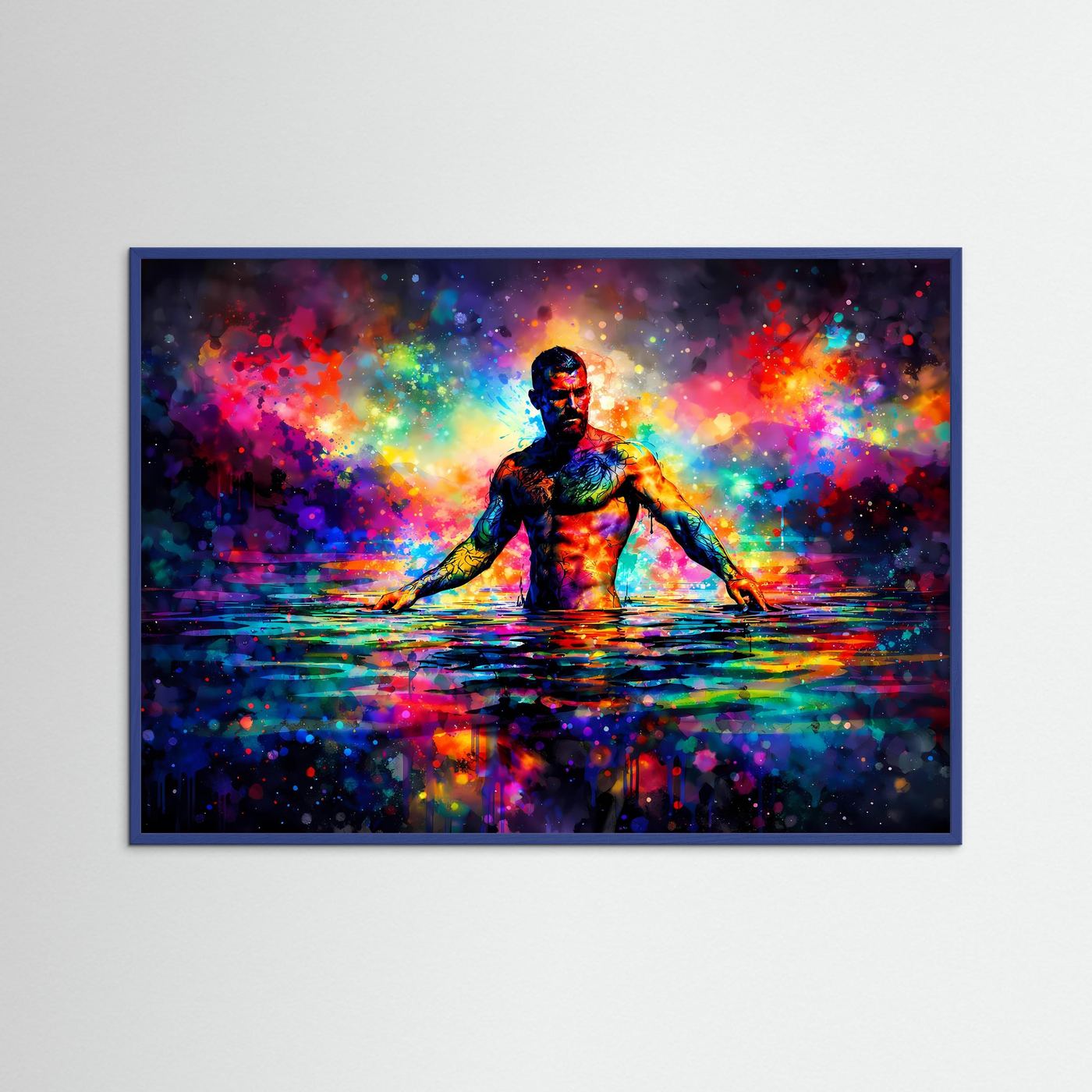 Abstraktes Poster im Querformat mit Holzrahmen und Neonfigur im Wasser in leuchtenden Farben