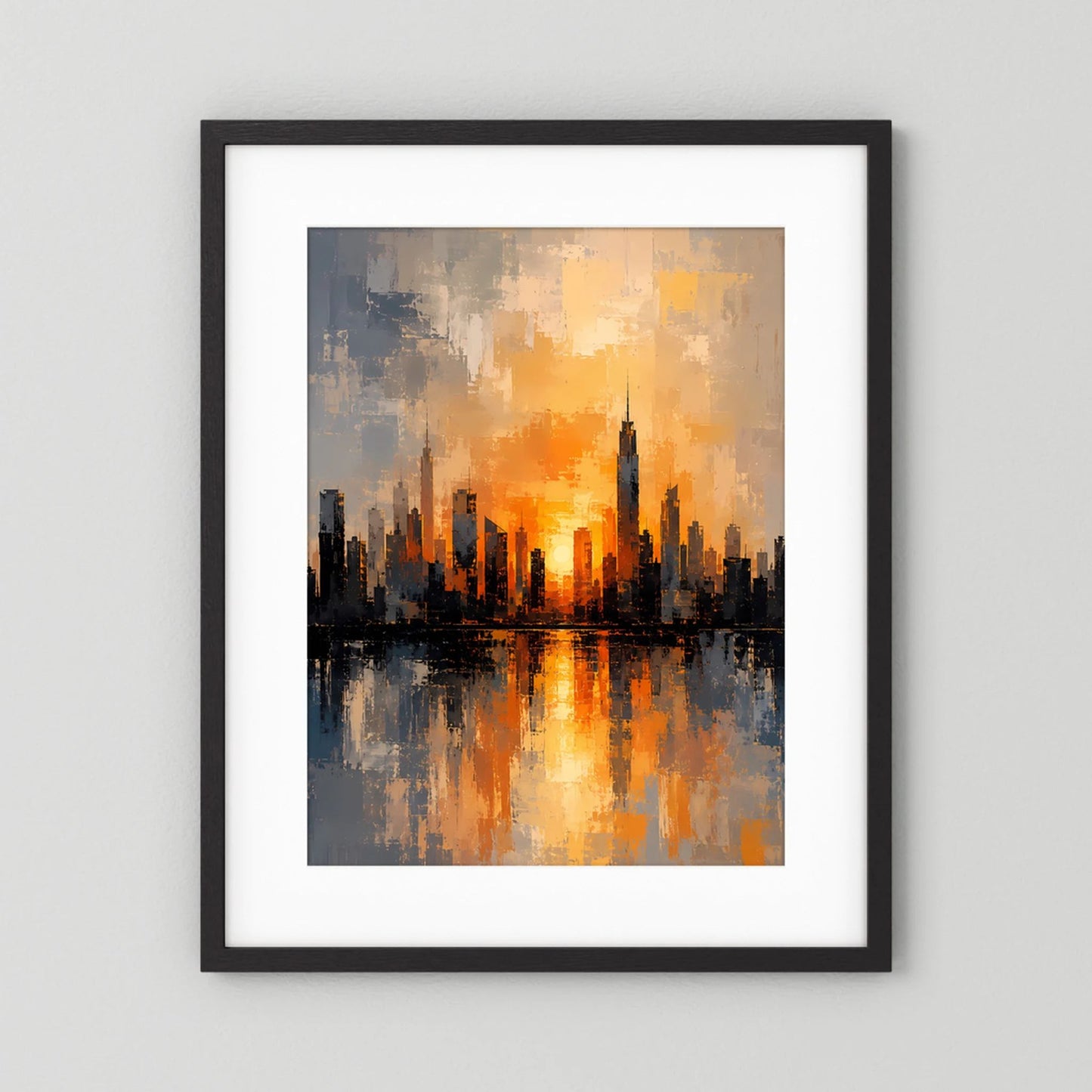 Poster Hochformat mit abstrakter Skyline im Sonnenuntergang, Orange und Grau, schwarzer Rahmen mit weißer Einfassung