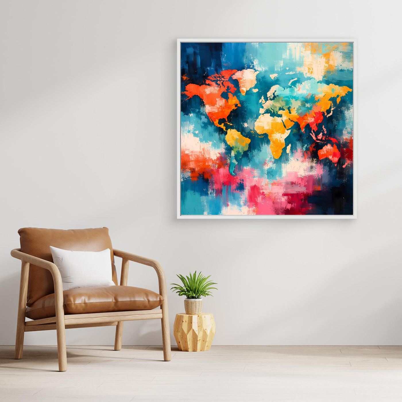 Framed abstract world map wall art with multicolor paint texture across continents