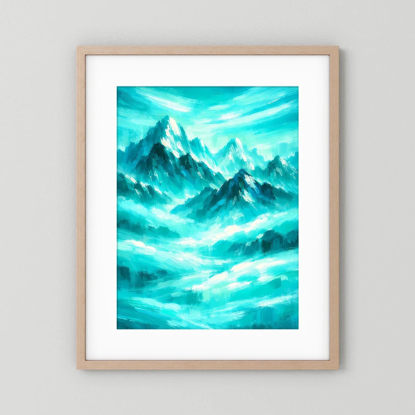 Wandbild im Hochformat mit abstrakten türkisfarbenen Bergen und hellem Holzrahmen
