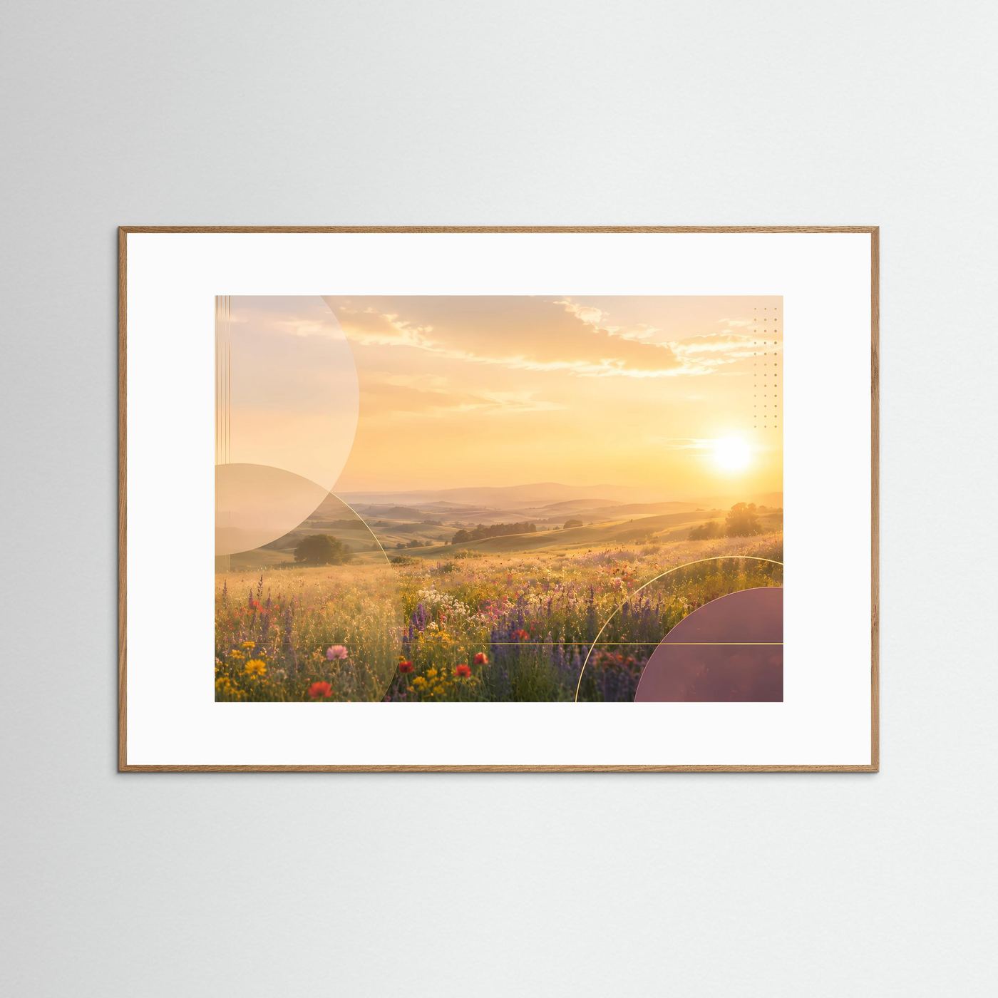 Blühende Sommerwiese im Goldenen Sonnenuntergang | Romantische Landschaft mit Wildblumen, sanften Hügeln und warmem Abendlicht | Moderne Natur Wandkunst im Querformat
