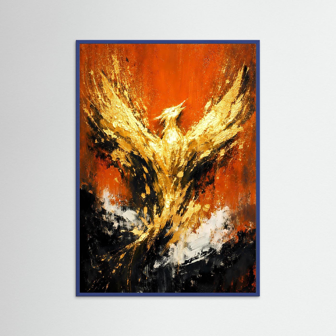 Abstraktes Phoenix-Poster mit blauem Rahmen, goldene Flügel auf orange-schwarzem Grund