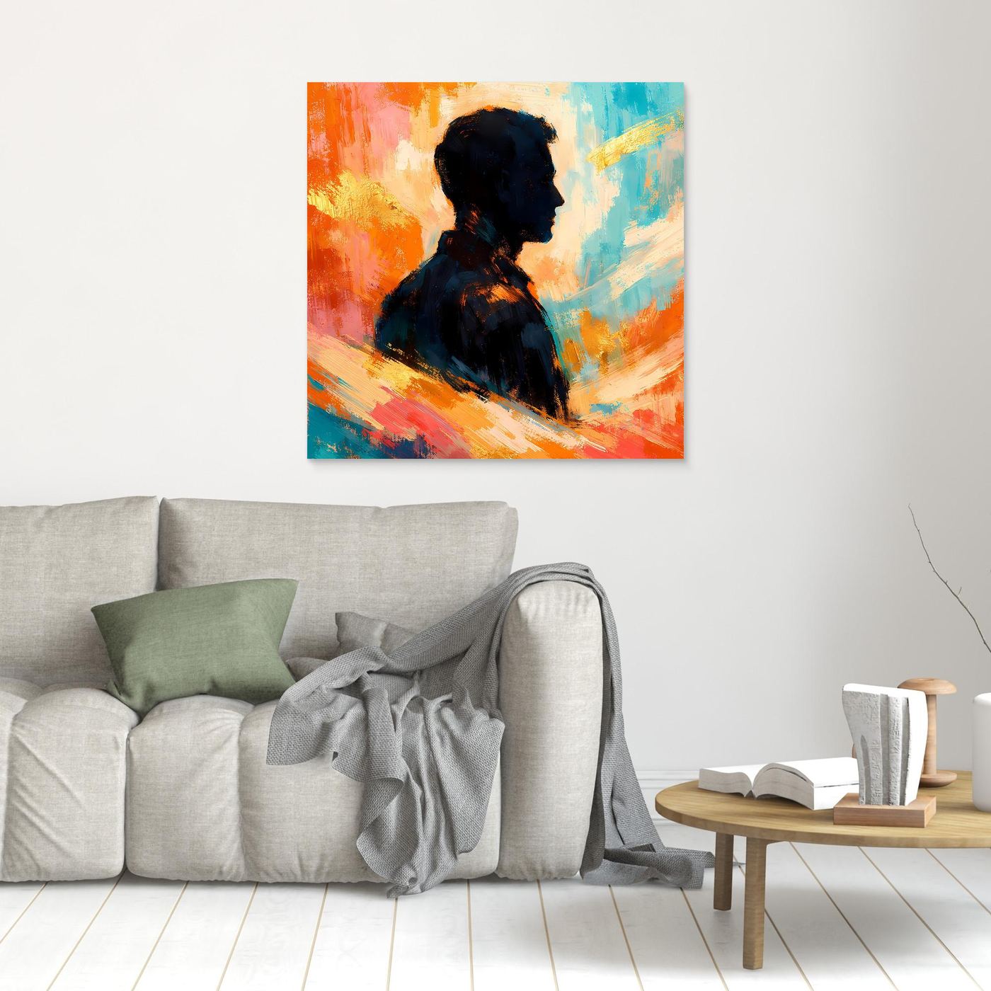 Kleines Leinwandbild mit abstrakter Silhouette eines Mannes, Blau-Orange und Pinselstrichen