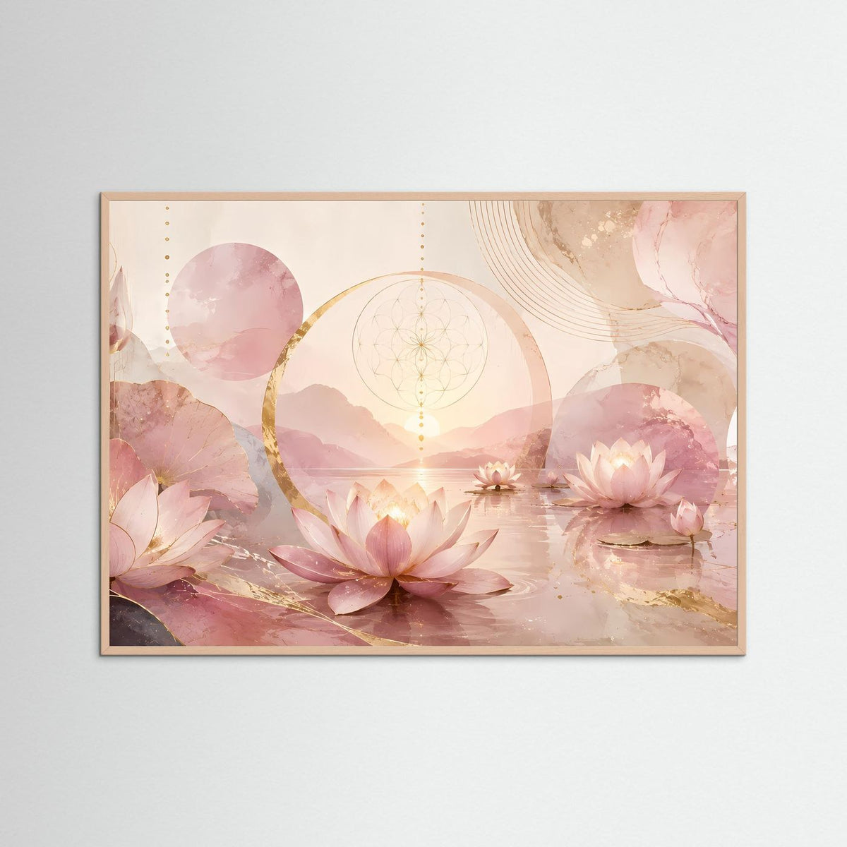 Querformat-Poster im rosafarbenen Holrahmen mit Lotusblüten in Rosa und Gold, Kreismotiv