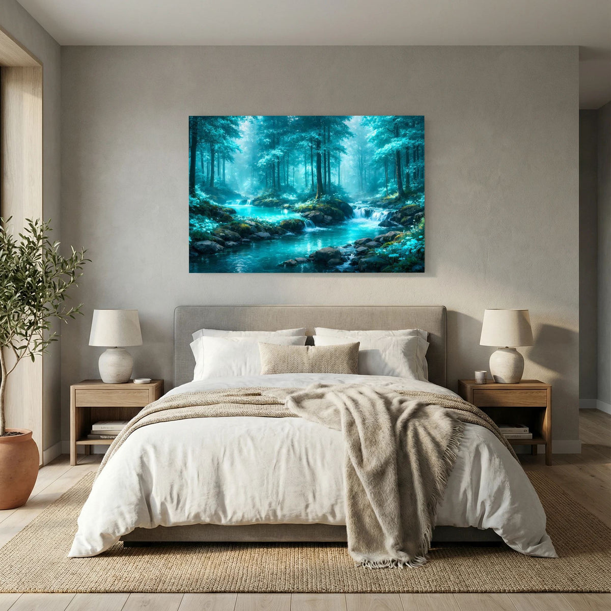 Wandbild im Querformat mit türkis leuchtender Flusslandschaft im Wald