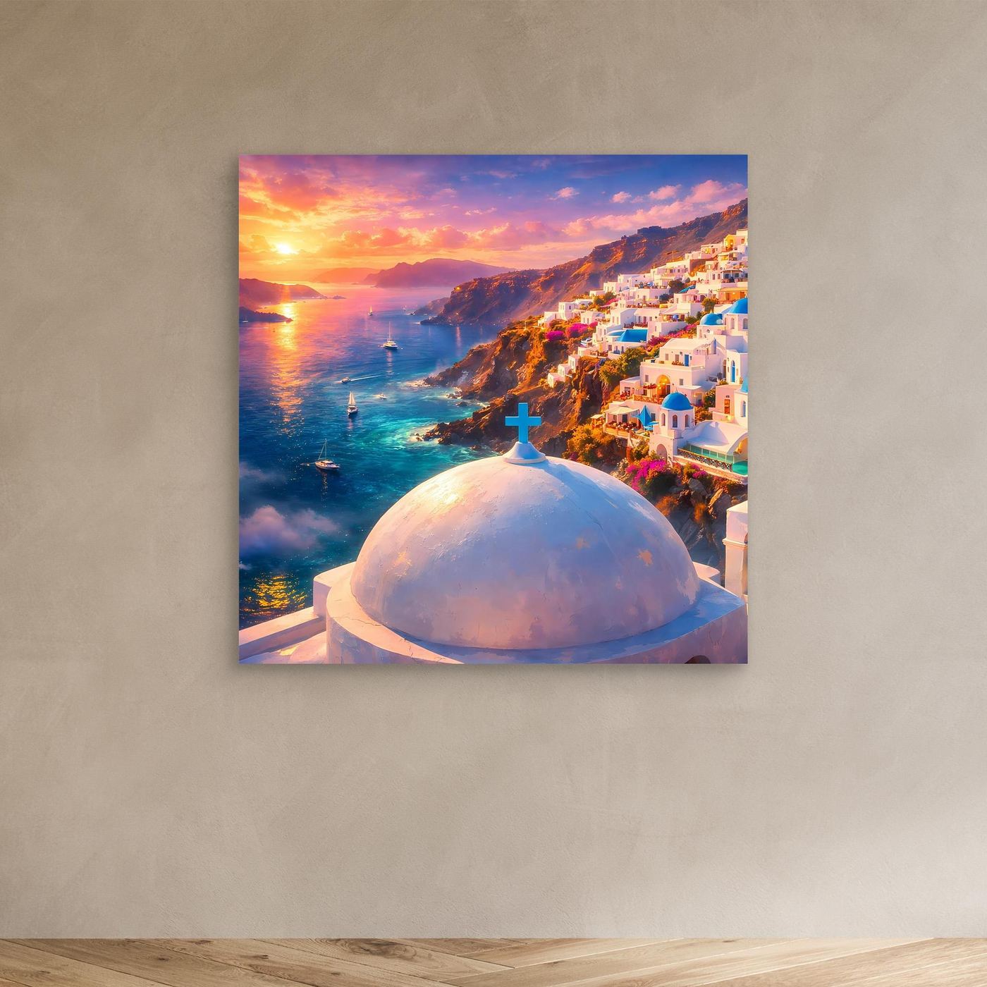Leinwandbild Traumhaftes Santorini bei Sonnenuntergang | Maritimes Urlaubsflair