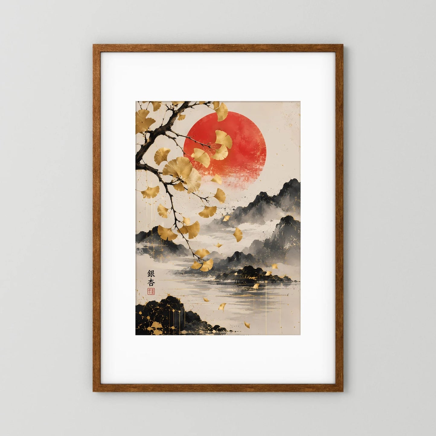 Hochformatiges Poster mit Ginkgo-Zweigen, roter Sonne und asiatischer Bergsee-Landschaft im Goldton