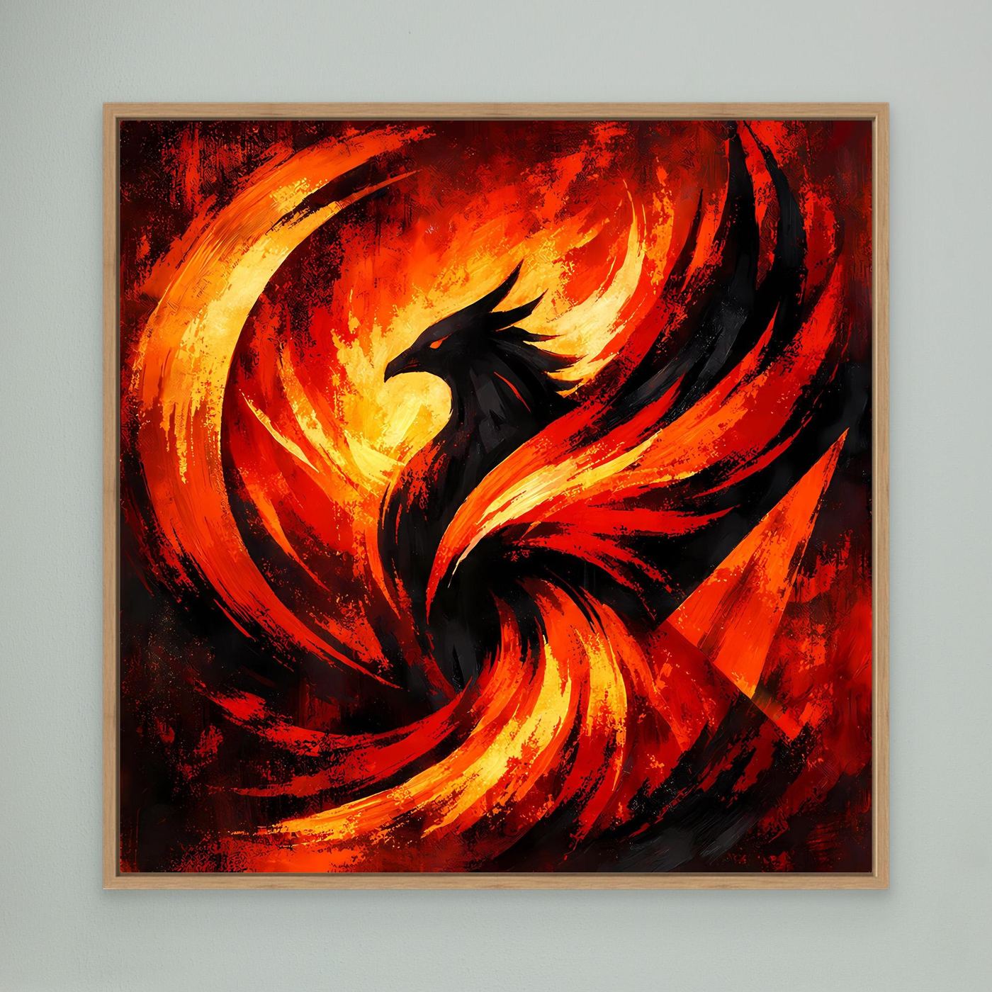 Abstraktes Phönix-Leinwandbild mit Flammenwirbel in Rot und Gelb, mit Holzrahmen