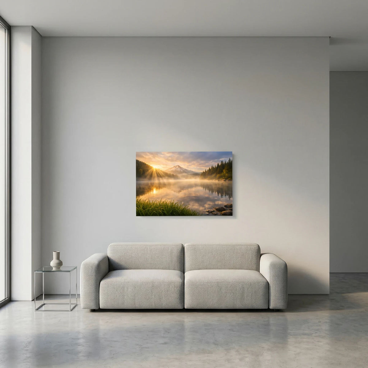 Wandbild-Poster im Querformat mit Bergsee und Sonnenstrahlen durch Morgennebel