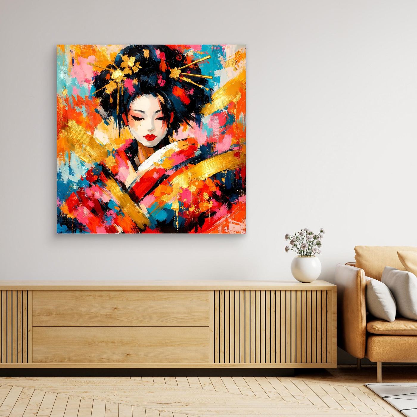 Leinwandbild Geisha-Porträt abstrakt, bunt, ohne Rahmen