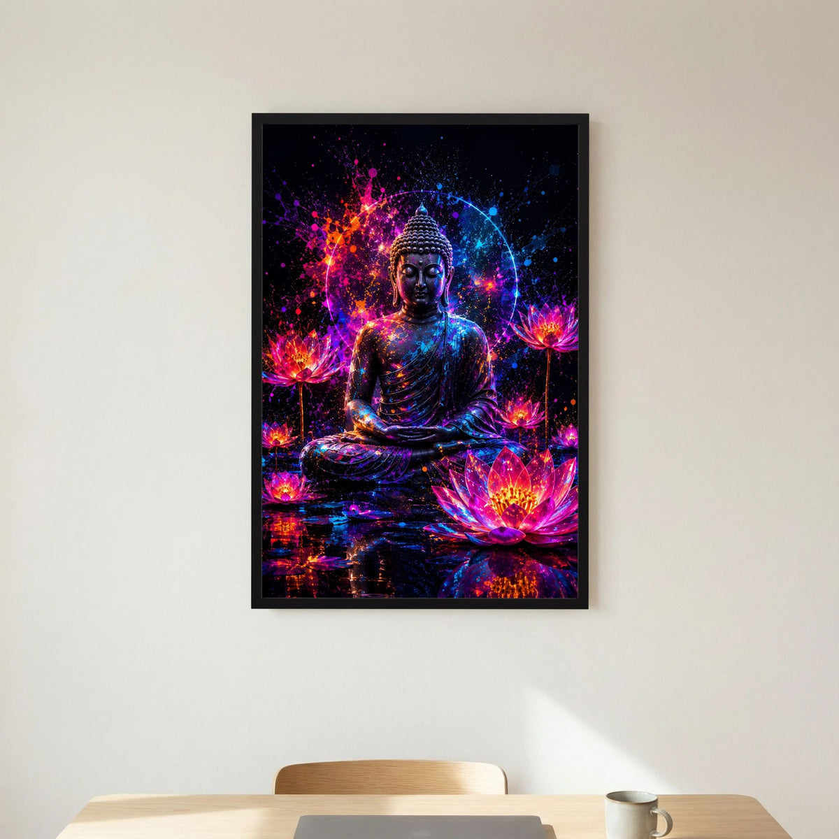 Neon-Buddha-Poster mit Lotusblüten, pink-blauer Neonoptik, schwarz gerahmt