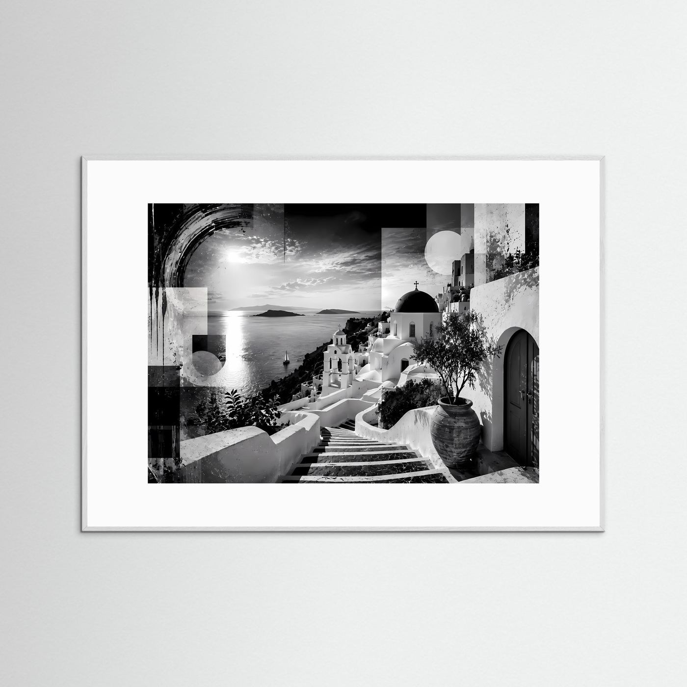 Santorini in Schwarz-Weiß | Abstrakte Griechenland Wandkunst mit Meerblick