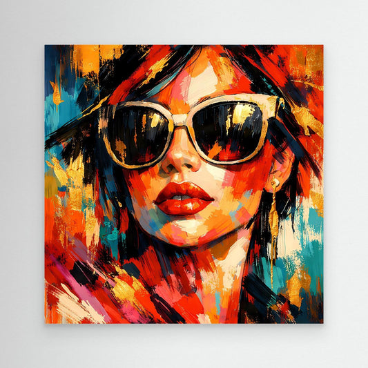 Leinwandbild mit Pop-Art-Porträt einer Frau mit Sonnenbrille, buntes Farbspritzdesign