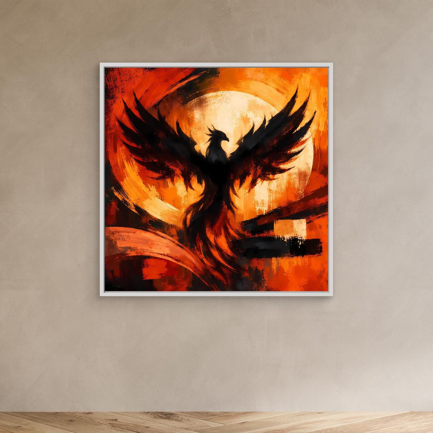 Leinwandbild mit Phönixmotiv im weißen Rahmen: schwarzer Vogel in Rot-Orange
