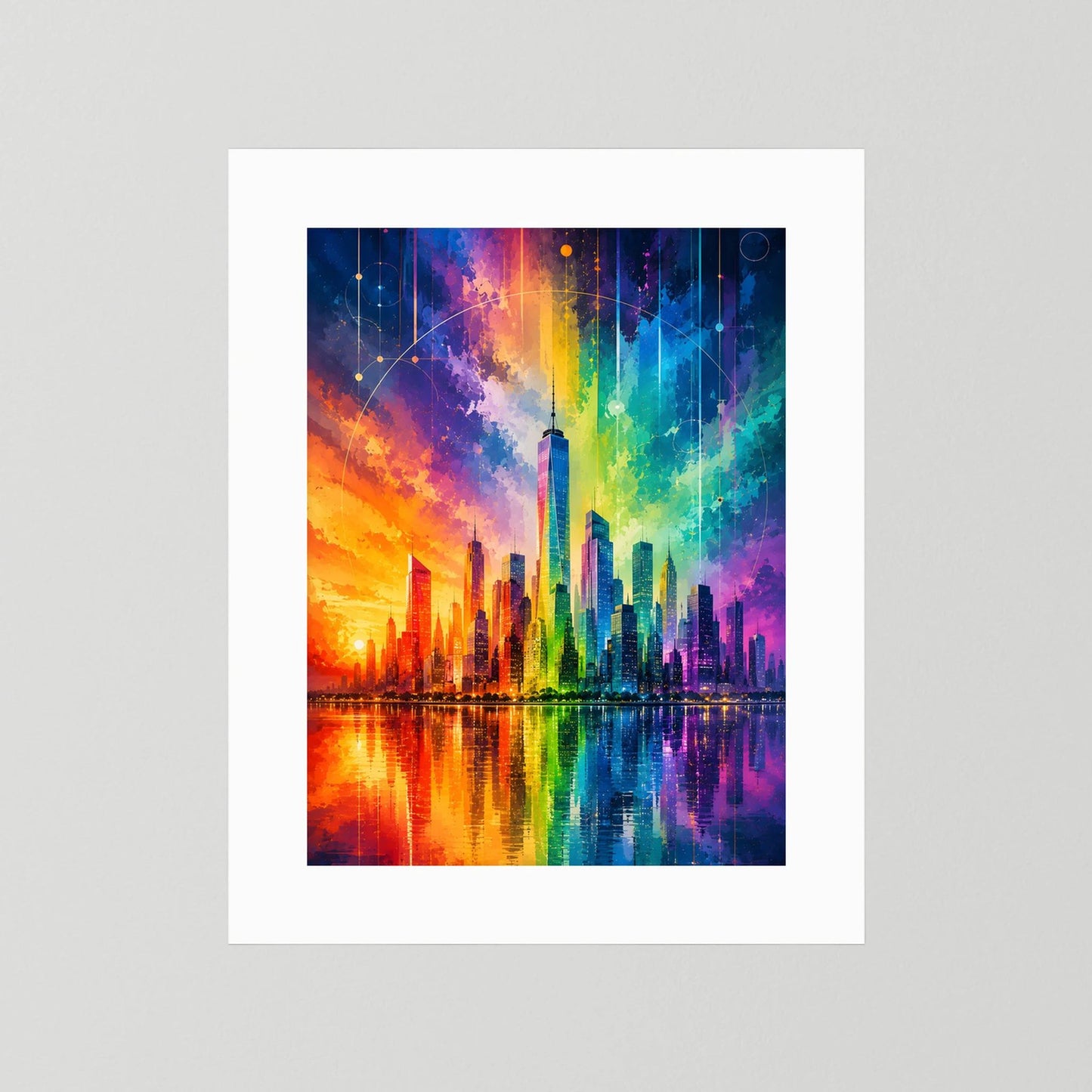 Hochformat-Poster mit Regenbogen-Skyline und Wasserreflexion, weißer Rand