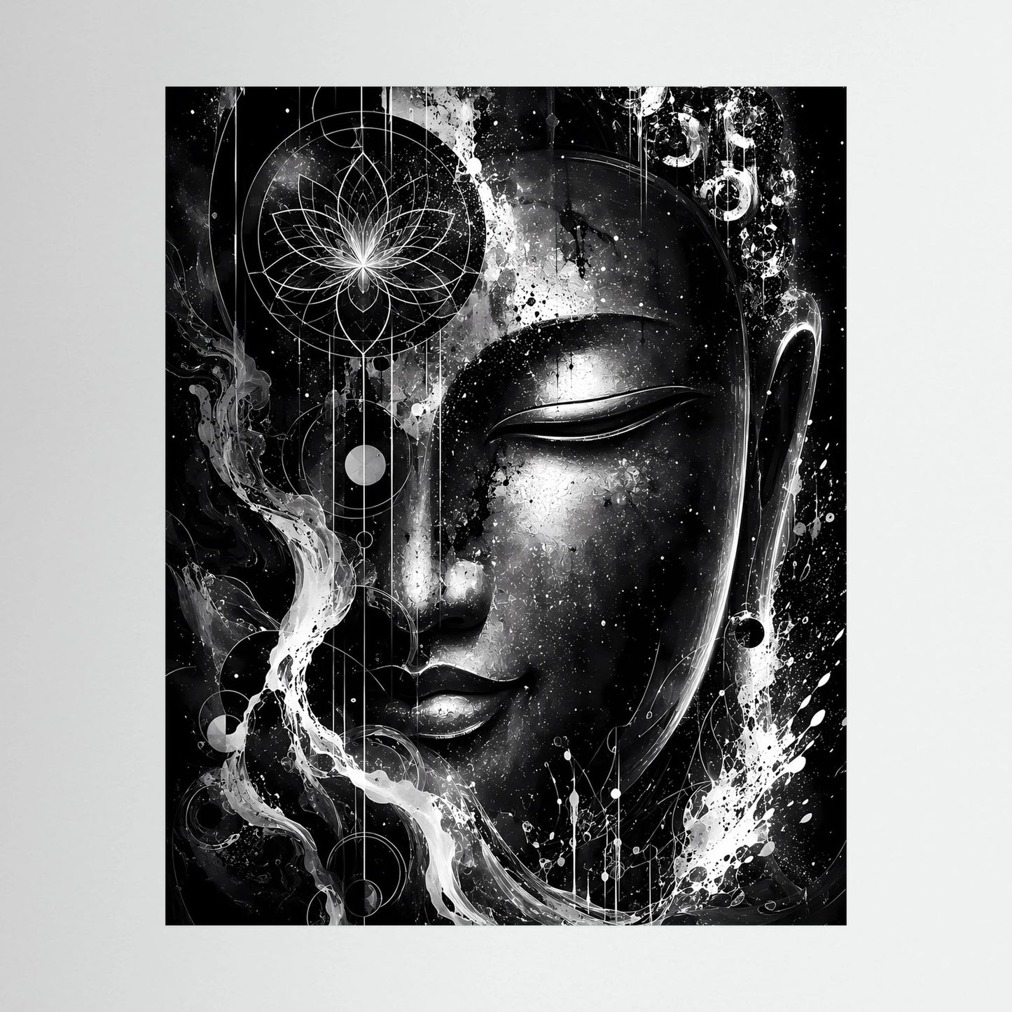 Hochformat-Poster: abstraktes Buddha-Gesicht in Schwarzweiß mit Lotus-Mandala