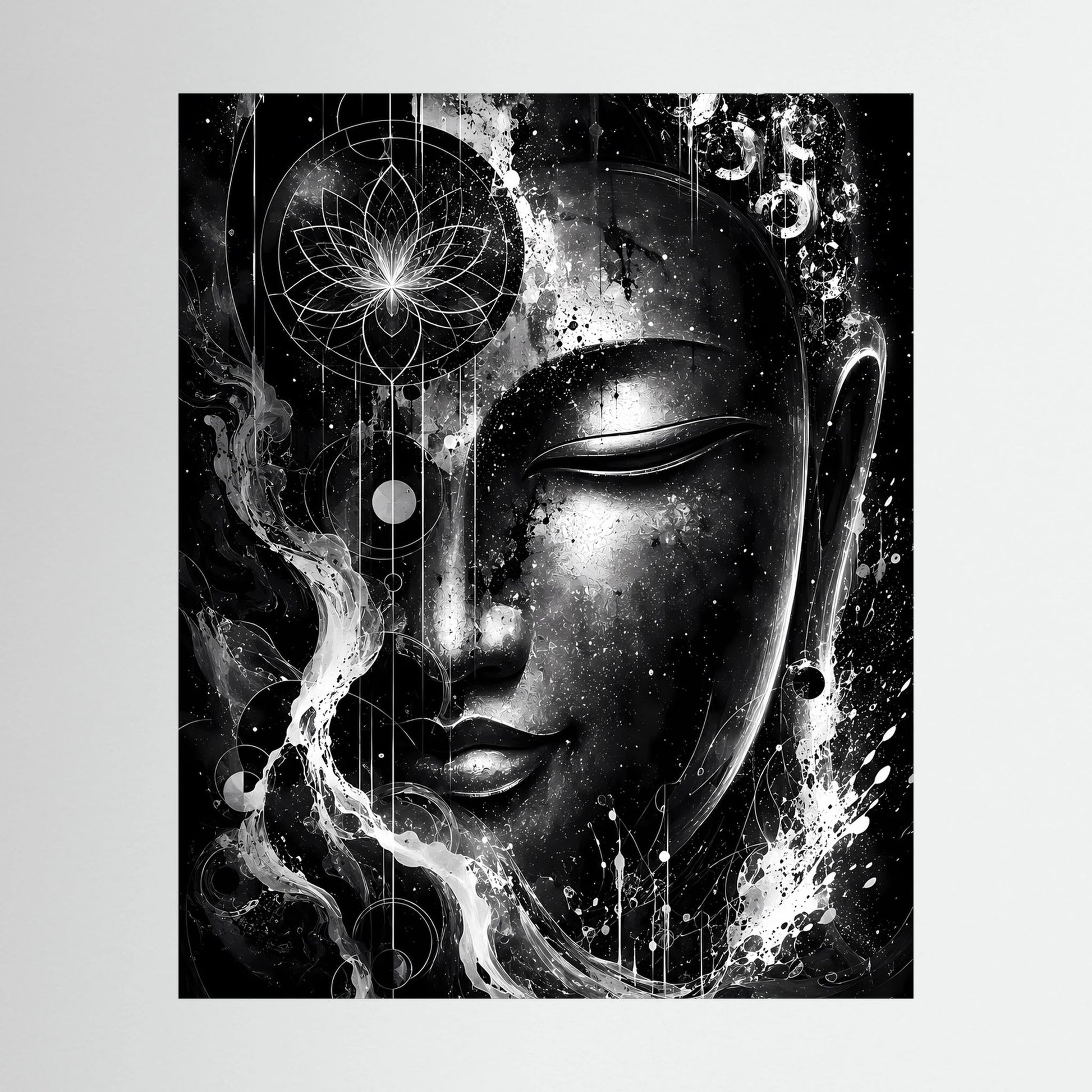 Hochformat-Poster: abstraktes Buddha-Gesicht in Schwarzweiß mit Lotus-Mandala