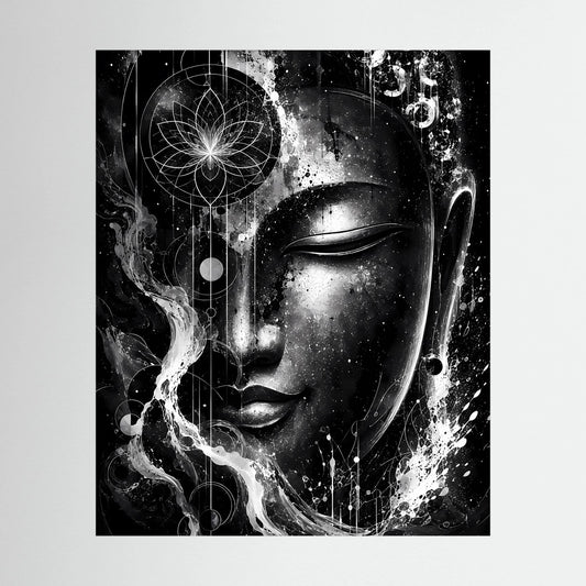 Hochformat-Poster: abstraktes Buddha-Gesicht in Schwarzweiß mit Lotus-Mandala