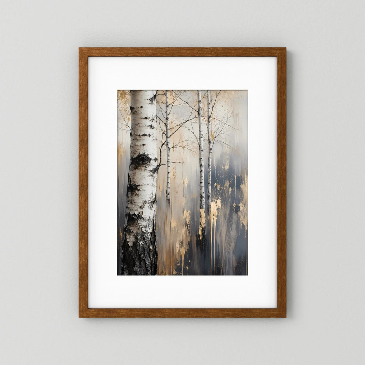 Hochformat-Poster Birkenwald-Motiv im Holzrahmen, weißer Rand, Birken in Weiß und Anthrazit.
