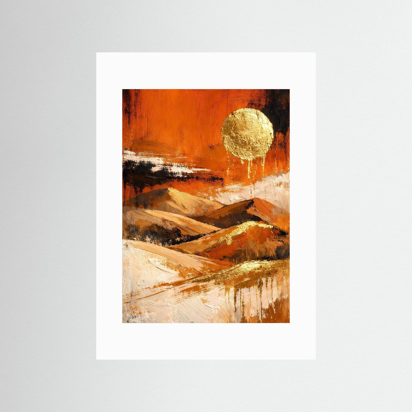 Abstraktes Wüsten-Landschafts-Poster mit goldener Sonne, terrakotta Bergen auf weißem Passepartout