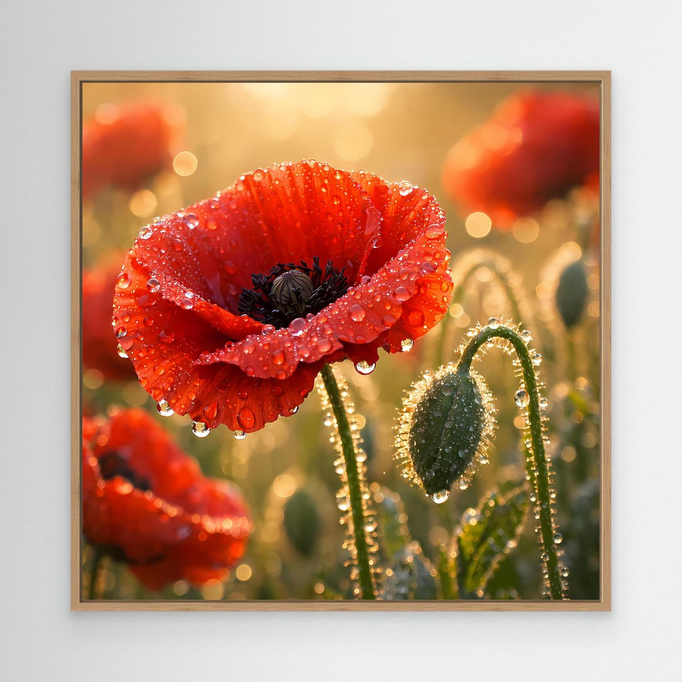 Leinwandbild mit rotem Klatschmohn und Wassertropfen, Eichenrahmen