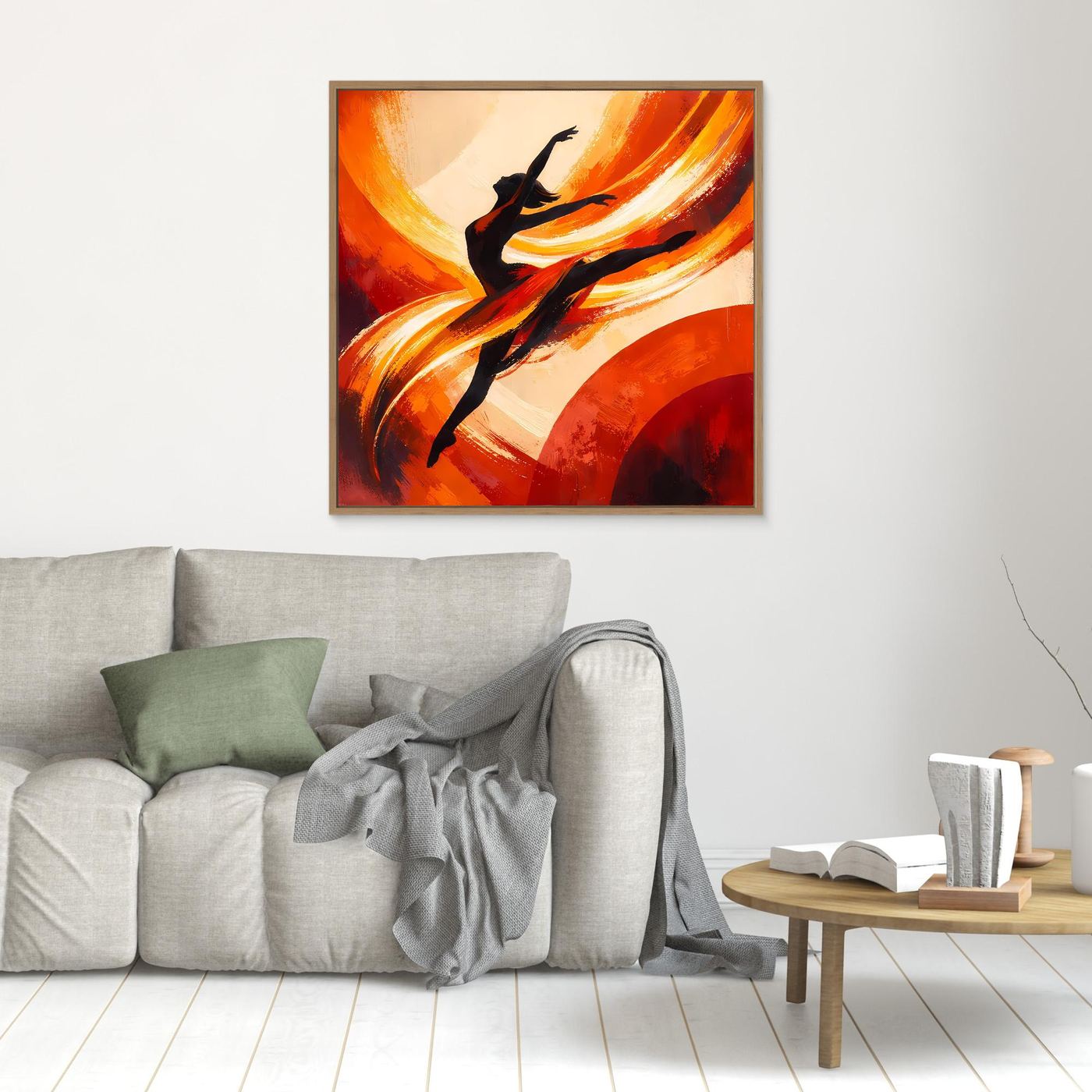 Leinwandbild mit schwarzer Tänzer-Silhouette und orangefarbenen Pinselstrichen, braun gerahmt