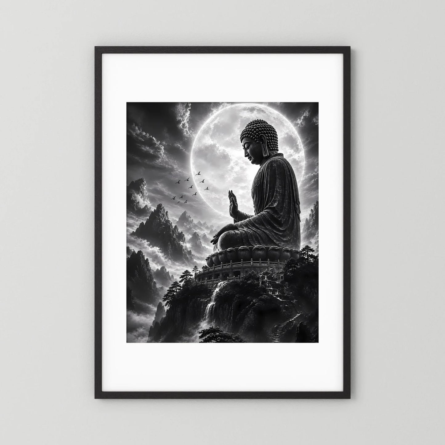 Hochformat-Poster mit Buddha in Schwarz-Weiß, Mondring und Berge, im schwarzen Rahmen mit Rand