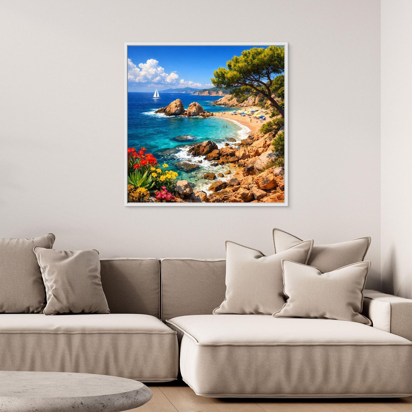 Leinwand-Wandbild im weißen Rahmen mit mediterraner Küstenbucht, türkisblauem Wasser