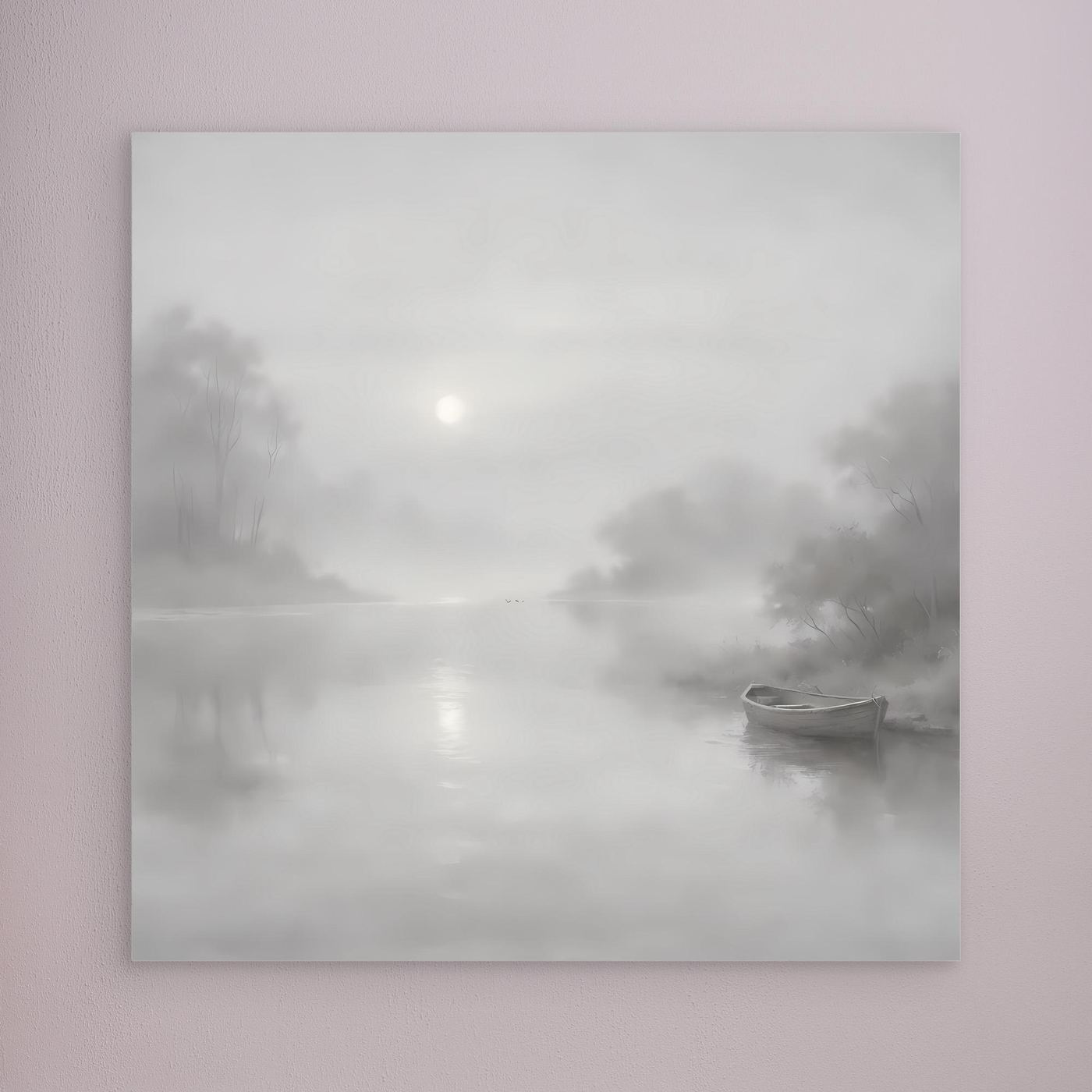 Leinwandbild mit grauem Nebel-Fluss und Boot ohne Rahmen