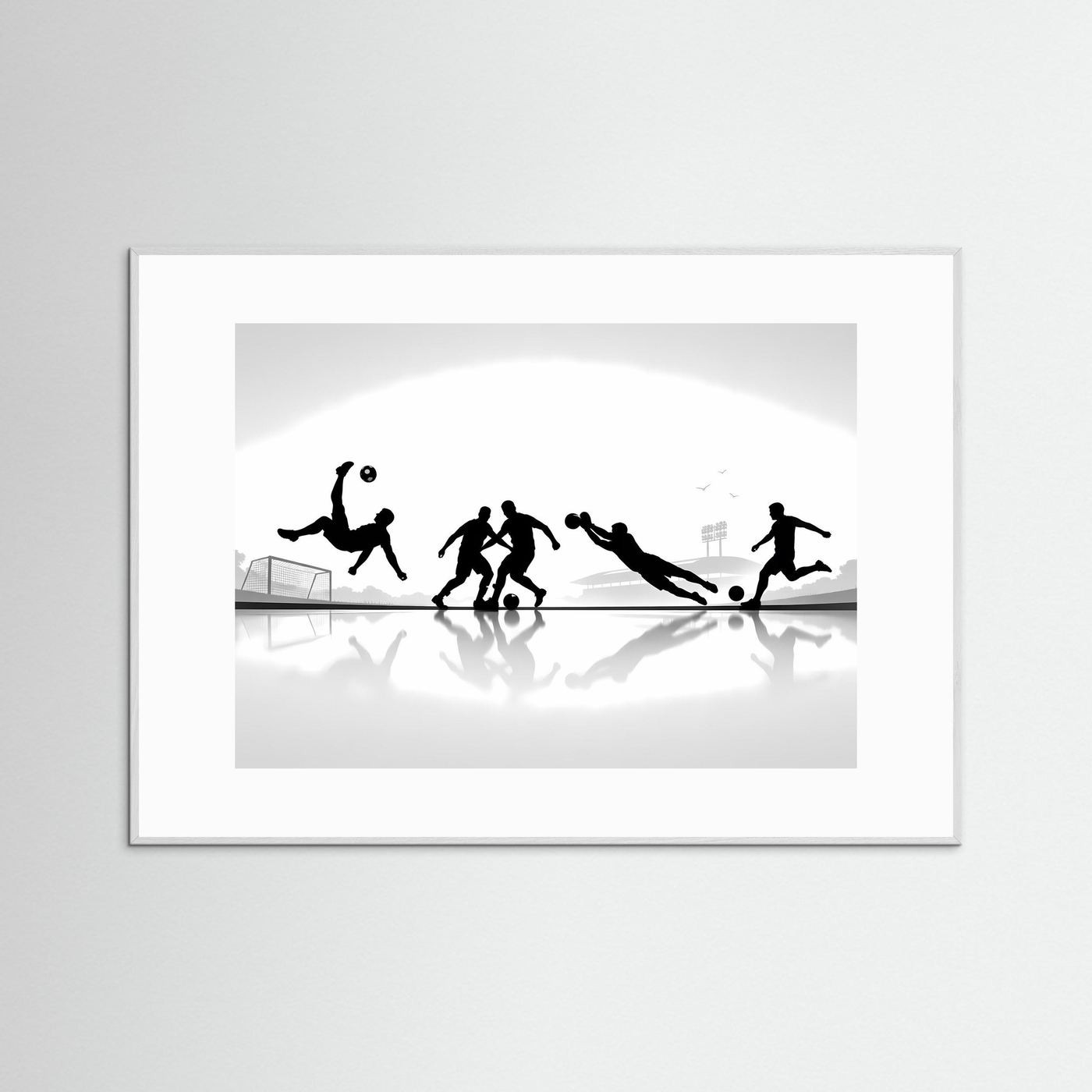 Panorama-Sportposter mit schwarzweißen Fußballer-Silhouetten im Action-Motiv, weißer Rahmen