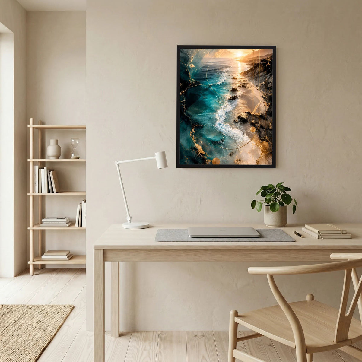 Gerahmtes Meer-Poster im Hochformat mit türkisblauer Brandung und goldigem Licht