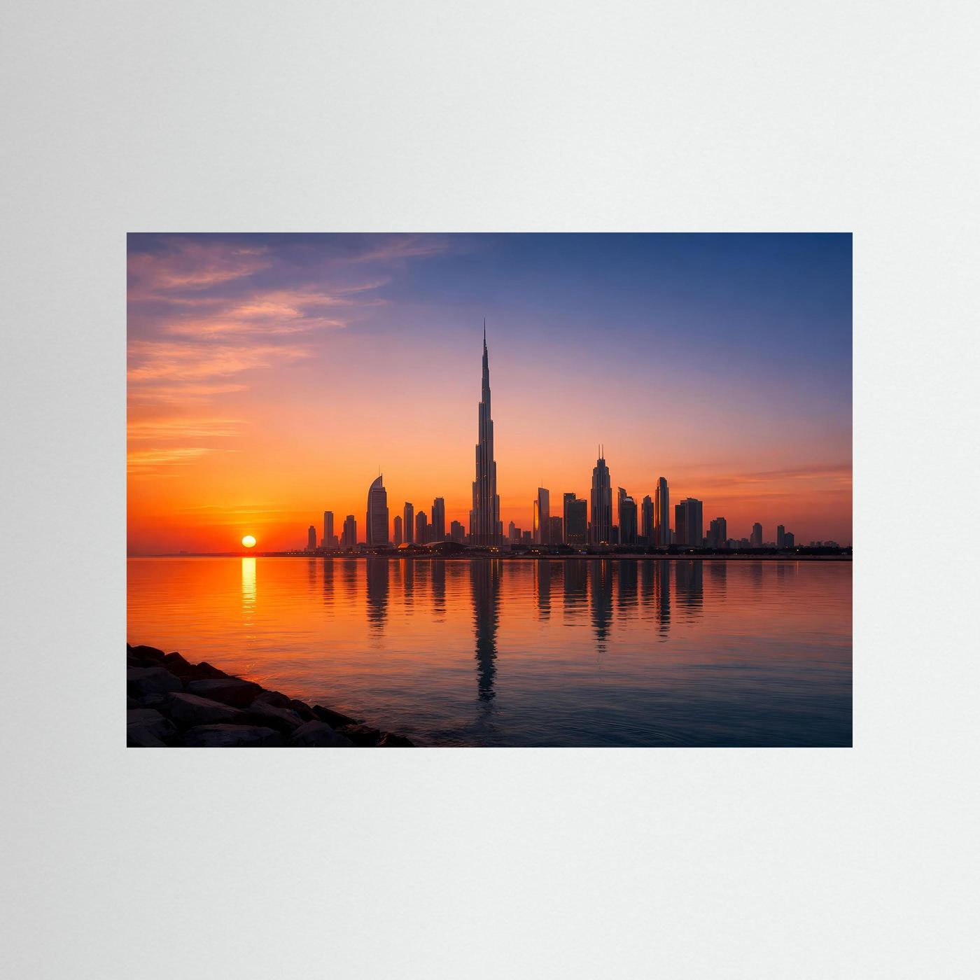 Panorama-Architekturposter mit Dubai-Skyline bei Sonnenuntergang, ohne sichtbaren Rahmen