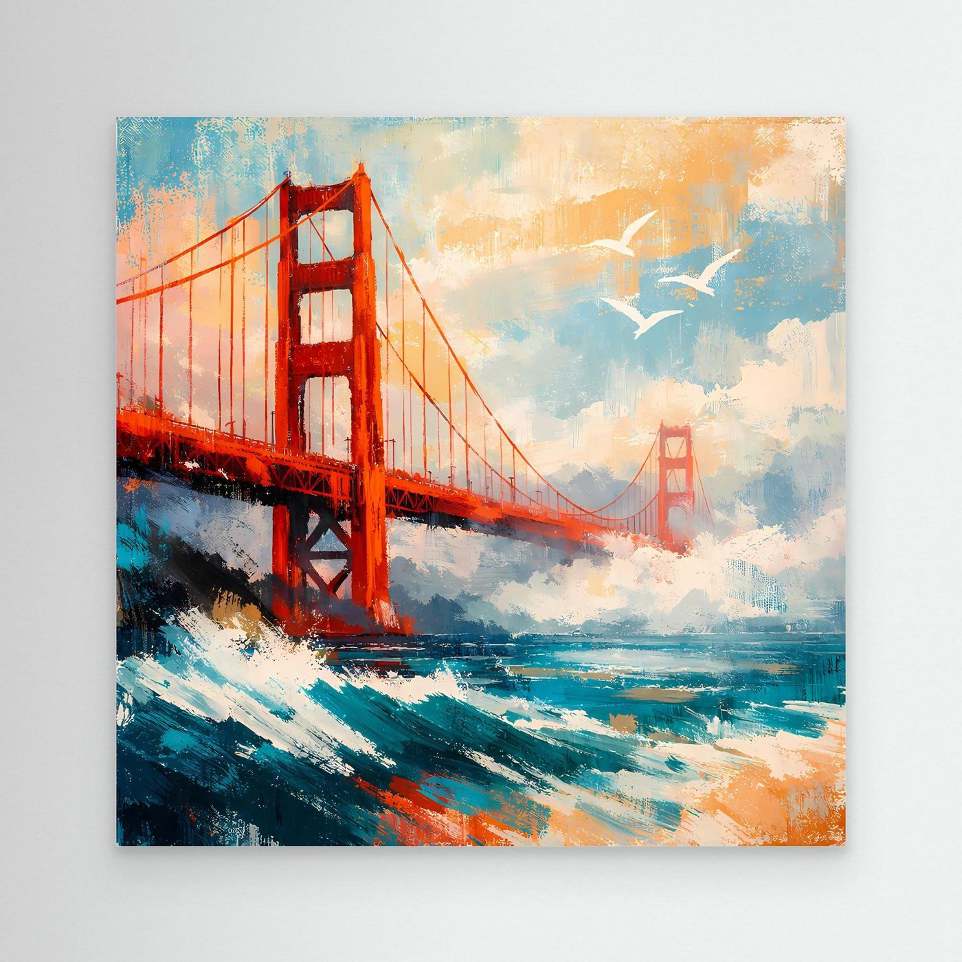 Abstraktes Leinwand-Wandbild mit Golden-Gate-Brücke, orangefarben und türkisblau, ohne Rahmen