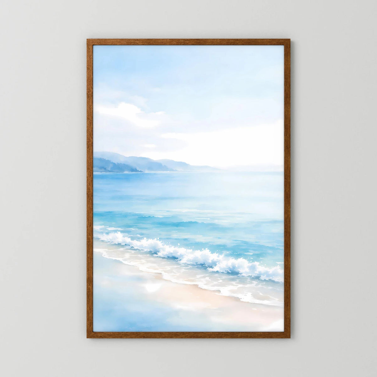 Wandbild mit Strand und Meerblick, vertikal, dunkler Holzrahmen