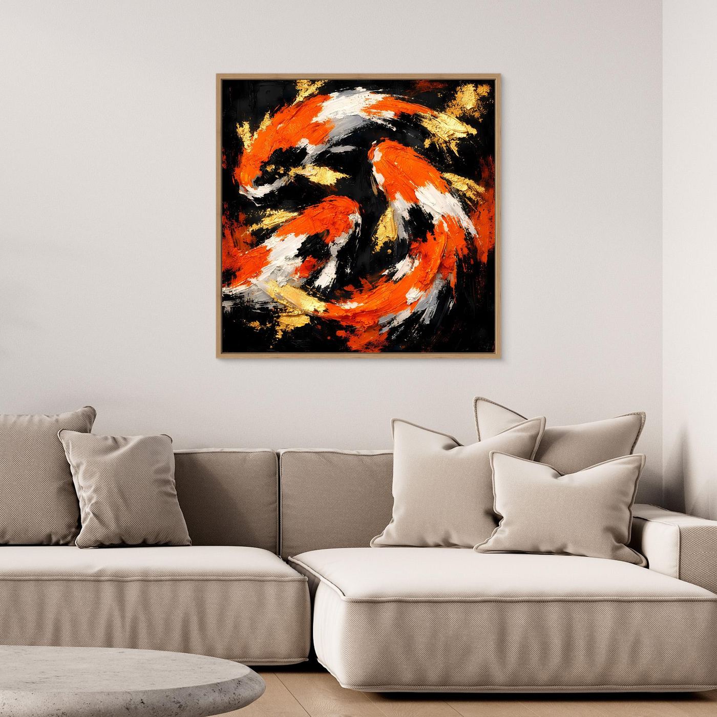 Leinwand Dynamische Koi-Karpfen | Abstraktes Yin Yang Wandbild Gold Orange