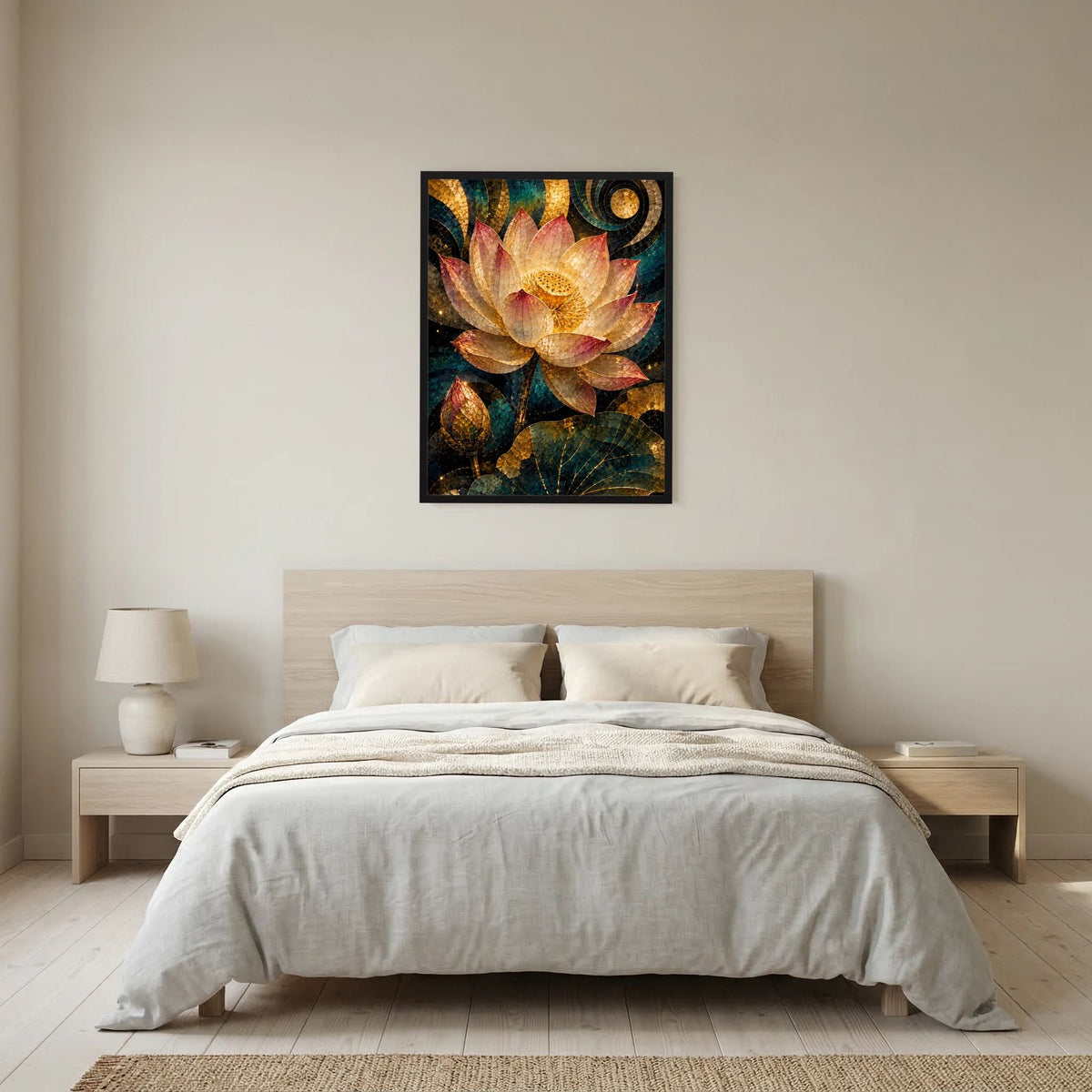 Gerahmtes Poster mit Gold-Lotusblüte und Mosaikoptik in Petrol und Rosa, Hochformat