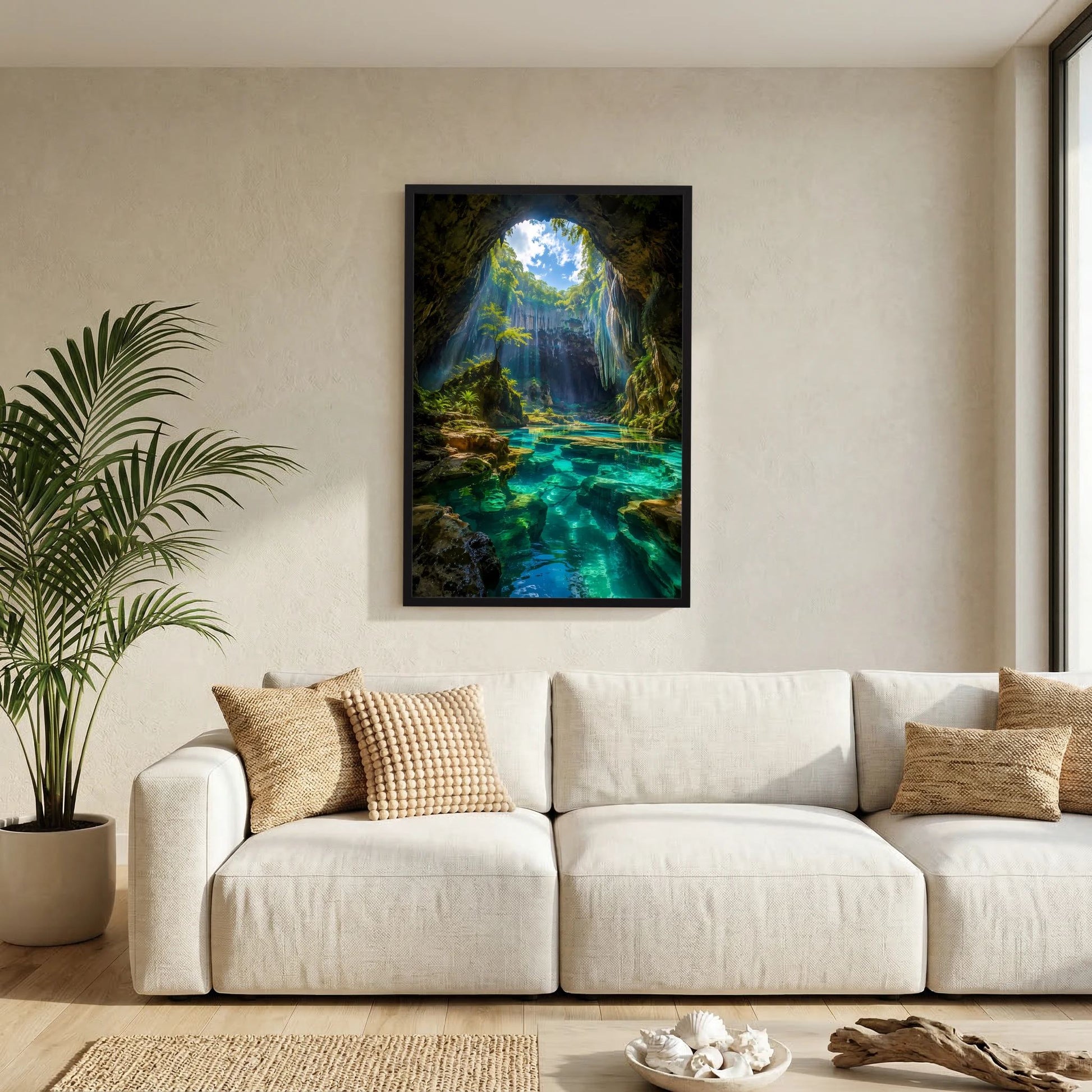 Verborgene Höhle mit türkisblauem Wasser | Mystische Natur-Oase im Sonnenlicht | Poster Hochformat